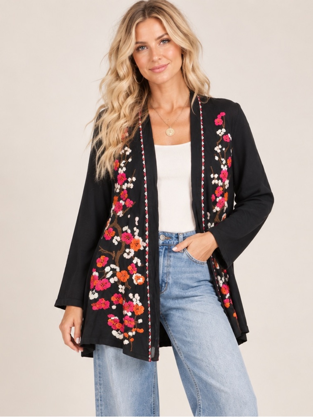 Johnny Was Black Embroidered Open-Front Floral Cardigan Sweater with Pockets